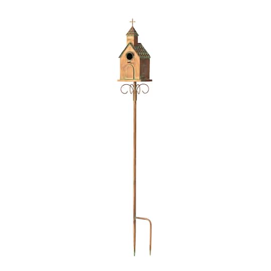 Glitzhome&#xAE; 4ft. Faux Copper Distressed Metal Church Birdhouse with Stake